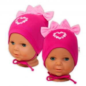 Bavlněná čepička na zavazování Baby Nellys s mašličkami - tm. růžová