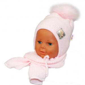 BABY NELLYS Zimní čepička s šálou - chlupáčková bambulka - sv. růžová/sv. růžová