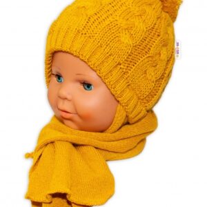 BABY NELLYS Zimní pletená čepička s šálou Baby Bear - hořčicová s bambulkou