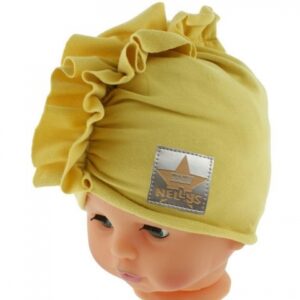 Baby Nellys Jarní/podzimní bavlněná čepice - turban, hořčicová, vel. 80/86