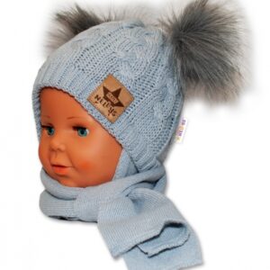 BABY NELLYS Zimní čepička s šálou - chlupáčkové bambulky - šedá, šedé bambulky