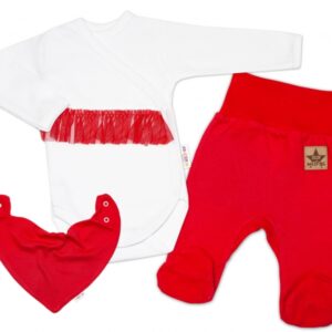 Baby Nellys 3-dílná sada Body dl. rukáv s tutu, šátek, polodupačky, červená, bílá, vel. 56