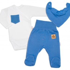 Baby Nellys 3-dílná sada Body dl. rukáv s kapsou, šátek, polodupačky, modrá, bílá