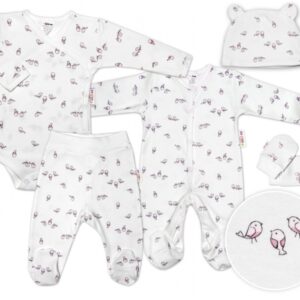 Baby Nellys 5-dílná soupravička do porodnice Ptáčci - ecru/růžová, vel. 68