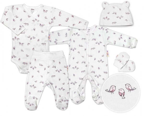 Baby Nellys 5-dílná soupravička do porodnice Ptáčci - ecru/růžová, vel. 68