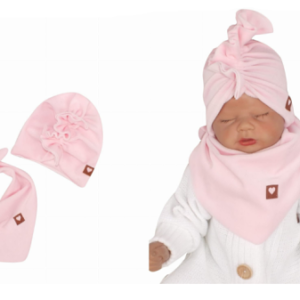 Z&Z Stylová dětská jarní/podzimní velurová čepice, turban s šátkem, sv. růžová, 68/80