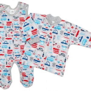 Baby Nellys  2-dílná sada, bavlněné dupačky s košilkou Auta, šedá
