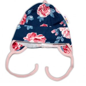 Baby Nellys Bavlněná čepička s oušky na zavazování - Růže, pudrová/granát