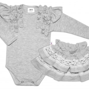 BABY NELLYS  2 dílná sada, body dl.rukáv + suknička s krajkou a volánky, vel. 74, šedá
