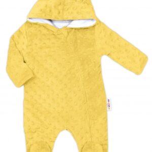 Baby Nellys Kombinézka/overálek MINKY s kapucí a oušky - žlutá, vel. 74