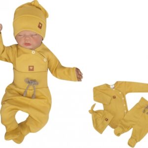 Z&Z 3-dílná soupravička body, polodupačky s provázkem a čepička - hořčicová, vel. 68