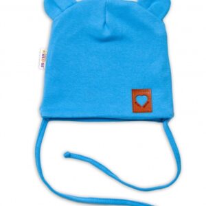 Baby Nellys Bavlněná dvouvrstvá čepice s oušky na zavazování TEDDY - modrá, 68/74