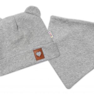 Baby Nellys Žebrovaná dvouvrstvá čepice s oušky + šátek TEDDY - šedý melír