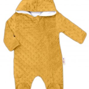 Baby Nellys Kombinézka/overálek MINKY s kapucí a oušky - hořčice, vel. 80