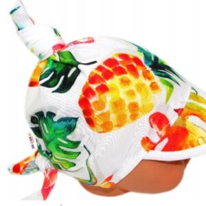 Dětský bavlněný šátek s kšiltem na zavazování, Ananas, listy - bílý,vel. 68/86