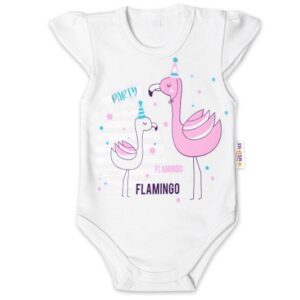 Baby Nellys Bavlněné kojenecké body, kr. rukáv, Flamingo - bílé, vel. 68