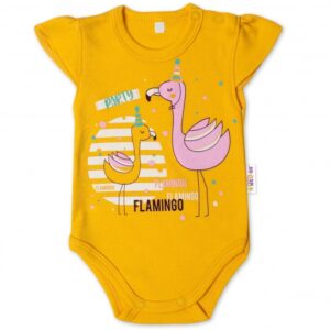 Baby Nellys Bavlněné kojenecké body, kr. rukáv, Flamingo - hořčicové, vel. 86