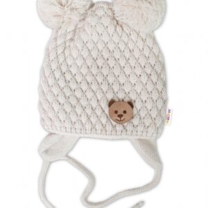 Zimní pletená čepice Teddy Bear na zavazování, ecru, béžová, Baby Nellys