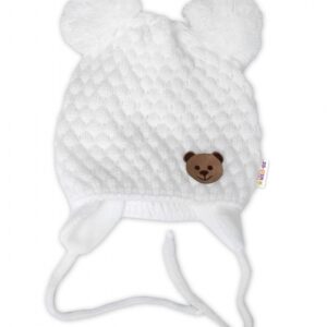 Zimní pletená čepice Teddy Bear na zavazování, bílá/smetanová, 68/80, (6-12m),Baby Nellys