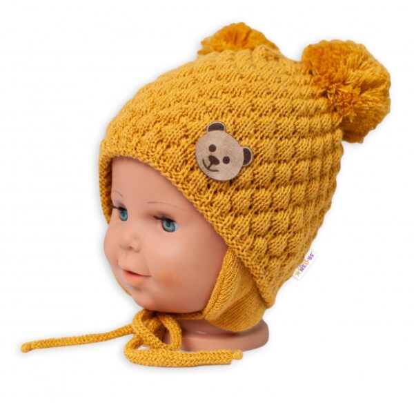 Zimní pletená čepice Teddy Bear na zavazování, hořčicová, Baby Nellys - Image 2