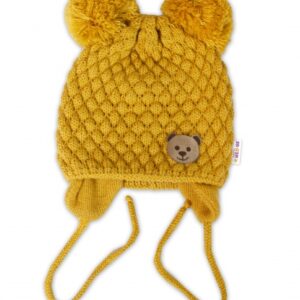 Zimní pletená čepice Teddy Bear na zavazování, hořčicová, Baby Nellys