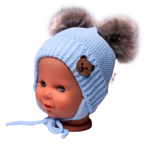 Dětská zimní čepice s fleecem Teddy Bear - chlupáčk. bambulky,sv. modrá, šedá - Obrázek 2