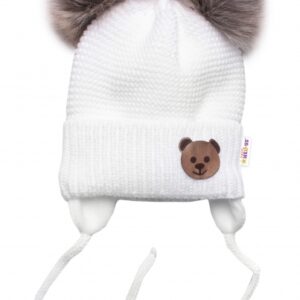 Dětská zimní čepice s fleecem Teddy Bear - chlupáčk. bambulky - bílá, šedá, BABY NELLYS