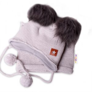 Zimní čepice s fleecem a chlupáčkové bambulky Star + komínek - šedá, 98/104, BABY NELLYS