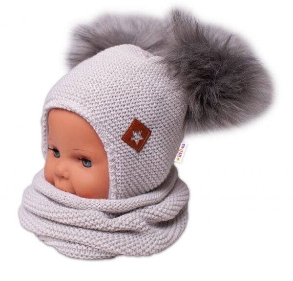 Zimní čepice s fleecem a chlupáčkové bambulky Star + komínek - šedá, 98/104, BABY NELLYS - Image 2