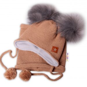 Zimní čepice s fleecem a chlupáčkové bambulky Star + komínek - medová, 98/104, BABY NELLYS