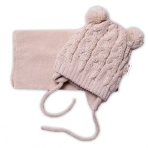 Zimní pletená kojenecká čepička s šálou TEDDY - béžová s bambulkami, vel.62/68