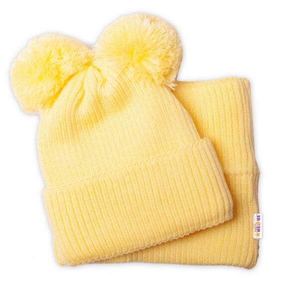 BABY NELLYS Zimní pletená čepice + nákrčník - žlutá s bambulkami - Obrázek 3