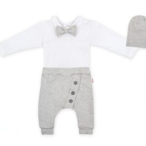 Baby Nellys 3-dílná sada Hubert, body s motýlkem  dl.rukáv, tepláčky a čepička - šedý