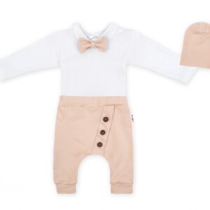 Baby Nellys 3-dílná sada Hubert, body s motýlkem, tepláčky a čepička - béžový, vel. 86