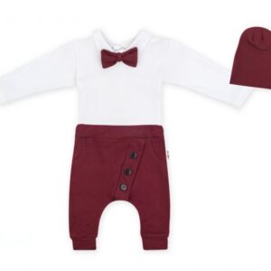 Baby Nellys 3-dílná sada Hubert, body s motýlkem, tepláčky a čepička - bordo, vel. 98