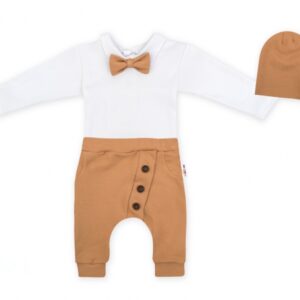 Baby Nellys 3-dílná sada Hubert, body s motýlkem, tepláčky a čepička - hnědá, vel. 92