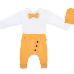 Baby Nellys 3-dílná sada Hubert, body s motýlkem  dl.rukáv, tepláčky a čepička - hořčicová