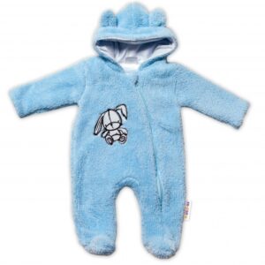 Baby Nellys Chlupáčkový overálek s kapucí, Cute Bunny - modrý, vel. 68