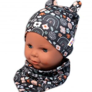 Baby Nellys Dvouvrstvá čepice s oušky + šátek Palouček, grafit, vel. 80/92
