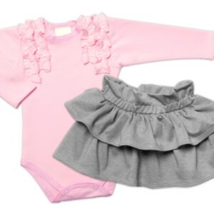 BABY NELLYS  2-dílná sada, body dl.rukáv + suknička Dance Baby, růžová/šedá, vel. 98