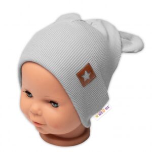 Baby Nellys Žebrovaná dvouvrstvá čepice s oušky TEDDY - šedá, 80/86