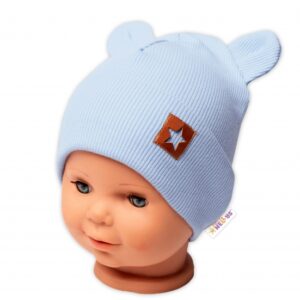 Baby Nellys Žebrovaná dvouvrstvá čepice s oušky TEDDY - sv. modrá, vel. 80/86