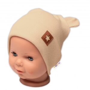 Baby Nellys Žebrovaná dvouvrstvá čepice s oušky TEDDY - béžová, vel. 80/86