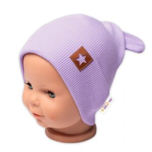 Baby Nellys Žebrovaná dvouvrstvá čepice s oušky TEDDY - lila, vel. 80/86