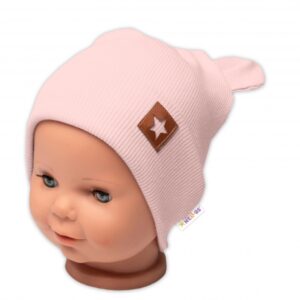 Baby Nellys Žebrovaná dvouvrstvá čepice s oušky TEDDY - pudrová, vel. 68/74