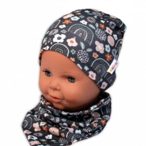 Baby Nellys Dvouvrstvá čepice + šátek Palouček, grafit, vel. 92/98