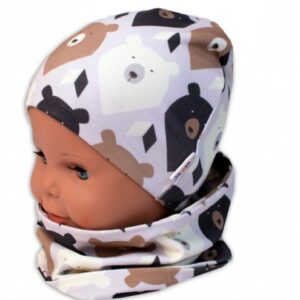 Baby Nellys Dvouvrstvá čepice + komínek Medvědi, hnědá/smetanová, vel. 104/110