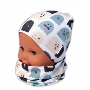 Baby Nellys Dvouvrstvá čepice + komínek Příšerky, bílá/mátová, vel. 104/110