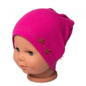 Baby Nellys Žebrovaná čepice Hvězdičky - malinová, vel. 80/86