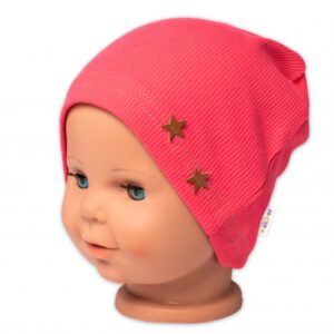 Baby Nellys Žebrovaná čepice Hvězdičky - korálová. vel. 92/98